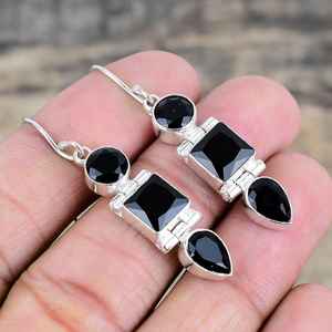 Boucles d'oreilles pendantes de luxe en spinelle noire simple, en argent sterling 925, faites à la main, cadeau de fête et de Nouvel An pour femme - Product Image 2