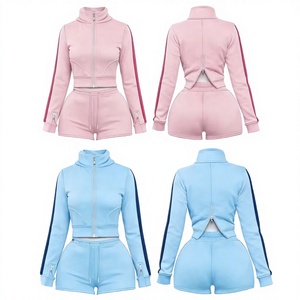 เสื้อแจ็คเก็ตซิปคอปกสไตล์ใหม่ยอดนิยม Oem พร้อมชุดเซ็ตสองชิ้น กางเกงขาสั้นลายทางด้านข้างสำหรับผู้หญิง สามารถสั่งทำโลโก้ได้ - Product Image 2