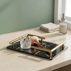 <b>Black</b> Marble Serving Tray with Gold Metal Handles Decorative <b>Vanity</b> Tray Coffee <b>Table</b> Ottoman Kitchen Counter Organizer - Product Image 6