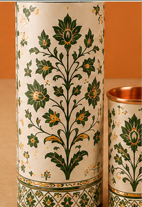 Juego de Botella y Taza de Agua de Cobre con Diseño Floral Verde de Lujo, Botella de Cobre Estampada a Mano con Vasos a Juego, Diseño Botánico - Product Image 2