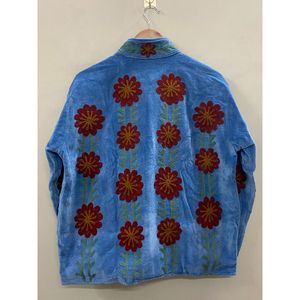 Veste en velours de coton tricoté brodée à la main pour femme, col mandarin, manches longues, motif floral d'automne, manteau ouvert sur le devant - Product Image 5