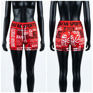 Shorts pour femmes en poly-spandex de haute qualité, rouge imprimé, coupe ajustée, taille élastique douce, logo personnalisé par transfert thermique. - Product Image 6