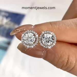 Platinum Plated 925 Sterling <b>Silver</b> Moissanite Stud Earrings Round Halo Trendy Unisex <b>Wedding</b> Gift - Product Image 3