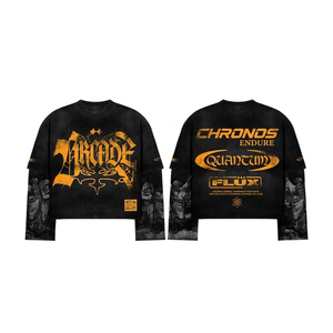 High Quality 210 GSM Cotton Double Layer Shirt Black Skull Graphic <b>Waffle</b> Sleeve Custom Print Design Double Layer Shirts - Product Image 3