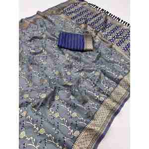 DISEÑADOR LINO ALGODÓN ZARI HILO TEJIDO SAREE CON BLUSA DESCOSTADA GRIS - Product Image 1