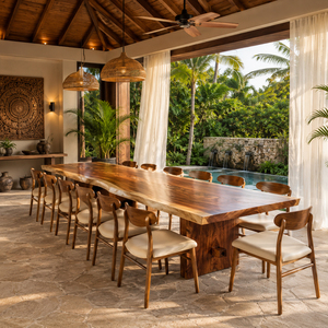 Ensemble de table à manger en teck avec chaises, 10 pièces, style contemporain, luxe bio, écologique, durable, bord brut - Product Image 6