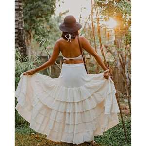 Ensemble jupe deux pièces bohème pour femme, haut court en coton à épaules dénudées et jupe longue à volants, tenue de plage estivale - Product Image 4