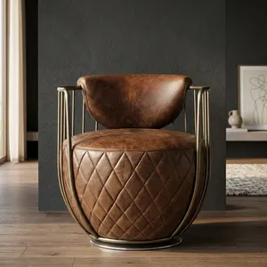 Fauteuil club vintage en cuir matelassé marron avec structure métallique, dossier arrondi, siège rembourré, fauteuil d'appoint moderne de style industriel - Product Image 6
