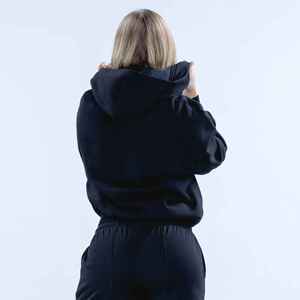 <b>Women's</b> Black Zipper-Up Cropped <b>Sweatshirt</b> Full Sleeve Solid Color Knitted Cotton Autumn Wear <b>V</b>-<b>Neck</b> Breathable Style - Product Image 6