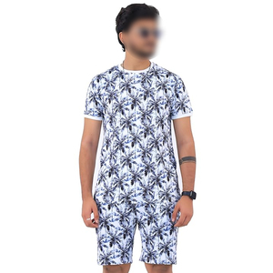 Good Selling Casual Summer Outfit Breathable <b>Knitted</b> Polyester Wear Men's Blue Leaf Print Crew Neck T-Shirt & Shorts <b>Sets</b> - Product Image 1