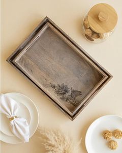 Plateau décoratif en bois moderne, plateau de service rectangulaire, art floral gravé, décoration de bureau, taille personnalisée pour mariage, maison, hôtel - Product Image 3