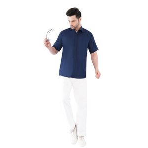 Chemise en coton bleue à manches courtes pour homme, coupe décontractée, boutonnée, respirante, idéale pour l'été, avec col ouvert - Product Image 1