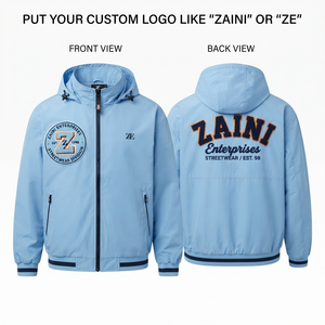 Veste coupe-vent pour homme, 120 GSM, polyester Taslon de qualité supérieure, résistante à l'eau, bleu ciel, broderie personnalisée, logo imprimé en chenille, OEM ODM - Product Image 1