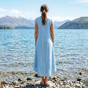 Women's Cotton Midi <b>Dress</b> High Waist <b>Loose</b> Flowy Summer Casual Lightweight Vacation Outfit Bow Pockets A-Line - Product Image 2