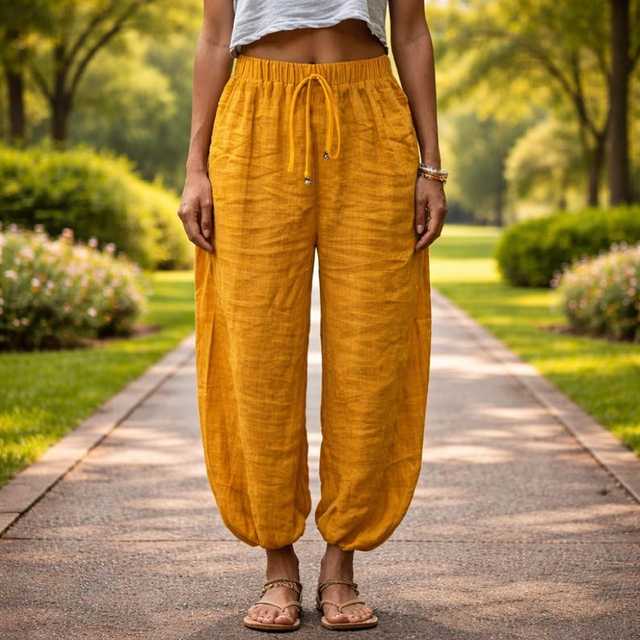 Women's Mid Waist Yellow Canvas Straight Trousers Regular Fit Elastic Waist Full Length Casual Autumn 100% Cotton Quick Dry