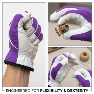Guantes de Trabajo de Alta Calidad en Cuero de Cabra y Malla Morada con Puño Elástico Fruncido para Jardinería y Uso General - Product Image 3