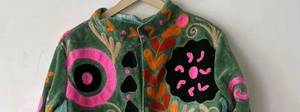 Green Velvet Embroidered Blouson <b>Jacket</b> With Floral Pattern <b>Mandarin</b> <b>Collar</b> Button Closure Women's Outerwear - Product Image 2
