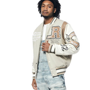 Veste universitaire Smoke Rose pour homme, style preppy, avec patchs lettres brodés, en coton et polyester, coupe droite, col montant, pour l'automne - Product Image 4
