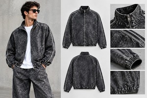 Ensemble de survêtement décontracté HAMILON pour femme, beige, col montant, fermeture éclair, 100 % coton, coupe ample, veste et pantalon, tenue streetwear deux pièces - Product Image 2