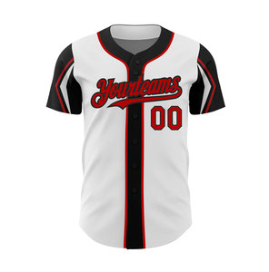 Camiseta de Béisbol Yourteams Blanca, Negra y Roja con Estampado Sublimado, Unisex para Adultos, Manga Corta, Absorbe la Humedad, Cierre de Botones - Product Image 1