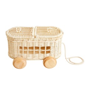 Panier de rangement en rotin naturel avec roulettes en bois et poignée en corde, forme ovale, style nordique, pour le rangement des jouets d'enfants - Product Image 2