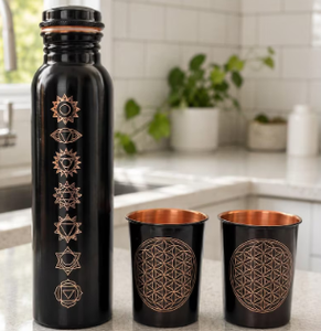 Ensemble de gourdes en cuivre pur forgé à la main de qualité supérieure pour la santé et l'hydratation, motif floral noir en spirale - Product Image 5