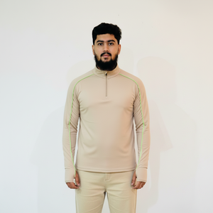Camiseta Deportiva de Manga Corta para Hombre, Color Beige, con Cierre de Media Cremallera, Secado Rápido, Protección UV, Ribete en Verde Neón, Transpirable, Corte Regular, para Verano - Product Image 4