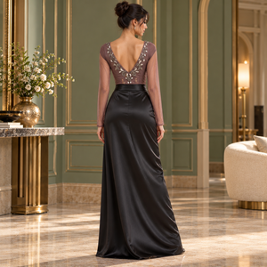Mauve Embroidered Mesh <b>Sleeve</b> Bodysuit with Deep V Neckline | Floral Beaded Evening <b>Top</b> with <b>Sheer</b> <b>Long</b> <b>Sleeves</b> and Open V Back - Product Image 3