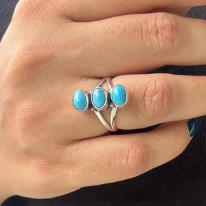 Sleeping Beauty <b>Turquoise</b> <b>Ring</b> Sterling Silver Three Stone Statement Jewelry for Women Handmade - Product Image 6