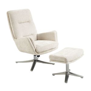 Elegante Poltrona Girevole con Poggiapiedi in Ciniglia Beige, Comodo Arredo per Soggiorno con Base in Metallo Finitura Argento - Product Image 2
