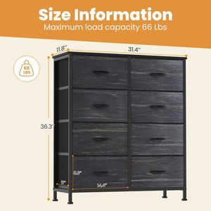 Commode à 8 tiroirs en bois massif européen avec revêtement en tissu, organisateur de placard de chambre, meuble de rangement, meuble TV noir - Product Image 2