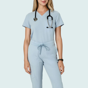 Women's Light Blue Medical <b>Scrub</b> <b>Set</b> V Neck Nursing Uniform Breathable Stretch Hospital Clinic Healthcare Workwear OEM ODM - Product Image 2