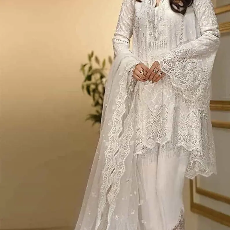 Ultime Pakistani Abiti Da Sposa Del Ricamo Vestiti Indiani abito bianco in chiffon kameez Collezione Eid Vestito Shalwar Kameez 2021