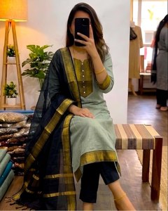 Slub Cotton Indian Pakistani Set <b>Kurta</b> Pant Dupatta Quick Dry <b>Women</b> Ethnic Loose Fit Casual Festive Outfit In-Stock - Product Image 2