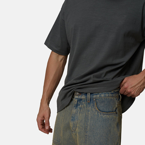 Men's Washed Denim Cargo Shorts Mid Waist <b>Elastic</b> Closure Casual Bermuda Style With Pockets Solid Color Canvas Material - Product Image 3
