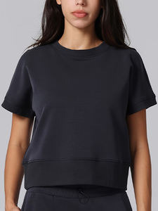 T-shirt de fitness pour femme, nouvelle collection été, col tombant, micro-polaire délavée, manches courtes, coupe classique, 100 % coton - Product Image 5