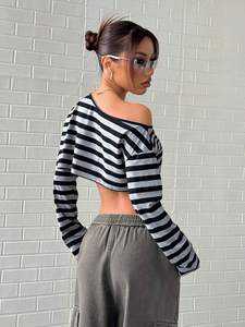 Off Shoulder Striped Long Sleeve Crop Top Women Loose Fit Casual Streetwear Tee Soft <b>Cotton</b> Fashion Shirt Custom women's shirt - Product Image 2
