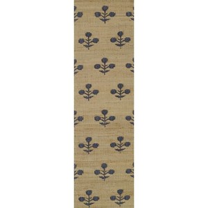 Tapis de couloir en jute à motif floral, tissage plat, style transitionnel, beige avec motif bleu marine, décoration intérieure - Product Image 4