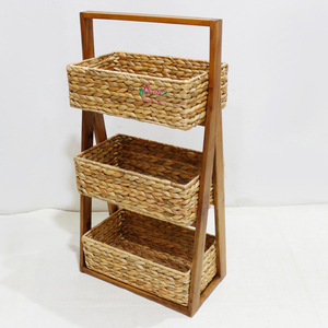 Rustic Wooden Frame Natural Rattan Storage <b>Baskets</b> Rectangle Multi Tier With Handle For Neatening And Multi Purpose Use - Product Image 4