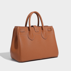 Sac fourre-tout de travail en cuir véritable marron, couleur unie, style minimaliste, fermeture à rabat, pour usage quotidien - Product Image 2