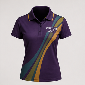 Custom Plum Teal <b>Gold</b> <b>Ribbon</b> Stripe Womens Polo Shirt Quick Dry Breathable Short Sleeve Performance Golf Team Uniform WPS-0883 - Product Image 3