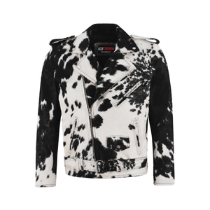 Chaqueta de Invierno para Hombre Alif Trends, de Cuero Vacuno con Pelo, Ecológica, Resistente al Viento, con Estampado Animal en Blanco y Negro, Estilo Motero - Product Image 1