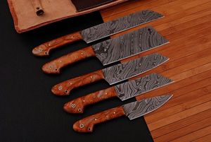 Juego de 5 Cuchillos de Chef de Acero de Damasco, Hechos a Mano, Grado Industrial, Hojas con Bisel Recto, 13 Pulgadas de Largo - Product Image 2