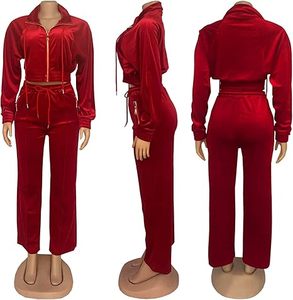 ชุดวอร์มกำมะหยี่สีแดงสำหรับผู้หญิง แบบรักษ์โลก น้ำหนักเบา 2 ชิ้น เสื้อแขนยาวแบบซิปครึ่งตัว มีเชือกผูกเอว กระเป๋าข้าง กางเกงขายาวทรงกว้าง - Product Image 2