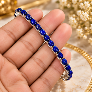 Pulsera de tenis de plata de ley con lapislázuli azul, pulsera de eslabones con gemas ovaladas, joyería fina hecha a mano para mujeres y seres queridos. - Product Image 3