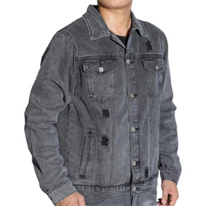 <b>Custom</b> LOGO Men Plain Bulk <b>Denim</b> <b>Jacket</b> Ripped Flap Pocket Black <b>Denim</b> <b>Jacket</b> for Men - Product Image 1