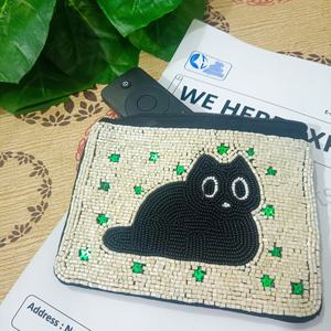 Handmade <b>Stitched</b> Beaded Cat Coin Pouch Storage Bag Single Compartment Black Beads White Eyes Artisan <b>Charm</b> Durable American - Product Image 3