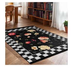 Alfombra de Ajedrez Personalizada para Sala de Estar, Alfombra Grande Lavable a Cuadros Blancos y Negros con Diseño Floral Vintage de Rosas - Product Image 3