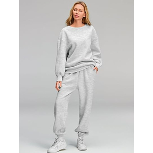 Conjunto de Sudadera Gris de 2 Piezas para Mujer, Cuello Redondo, Manga Larga, Corte Holgado, Color Sólido, Pantalones y Top de Algodón Tejido de Longitud Completa - Product Image 2