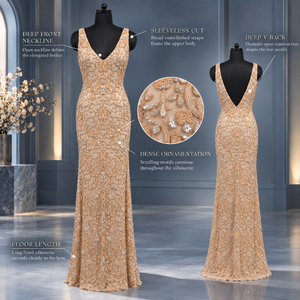 Ornate Beaded Evening <b>Dress</b> Deep V Neck Sleeveless Sheath Silhouette | <b>Gold</b> Floor Length Embellished <b>Formal</b> Party Occasion Gown - Product Image 5